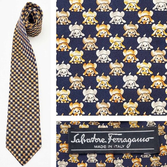 Salvatore Ferragamo Mens Puppy Dogs Puppies Navy 100% Silk Neck  Tie Made Italy - Picture 1 of 10